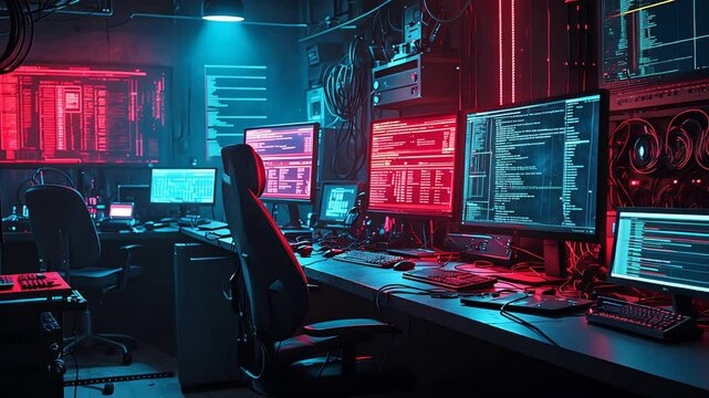 Dark hacker workspace with red and blue lighting, multiple monitors displaying code and cybersecurity data

