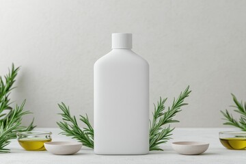 Minimalist display features white bottle surrounded by fresh her