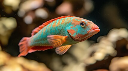 Fototapeta premium Vibrant Orange and Turquoise Fish in Underwater Coral Reef Setting