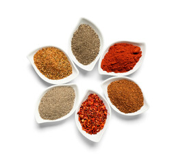 Composition with bowls of different aromatic spices on white background