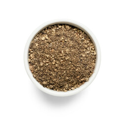 Bowl with black pepper powder isolated on white background