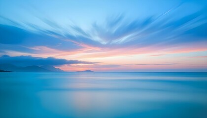 Simple calm blue sea, ocean under a sunset sky. Gradient sky, gradient sea, colourful, pink sky, purple sky, blue sky, orange sky. Calm mood, mood photo, sea, sky background. Landscape. heaven, dawn. 