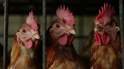 Three hens in a cage, close-up view.