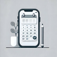 A minimalist illustration of a smartphone placed on a desk with an open calendar app, highlighting important dates, against a white background.