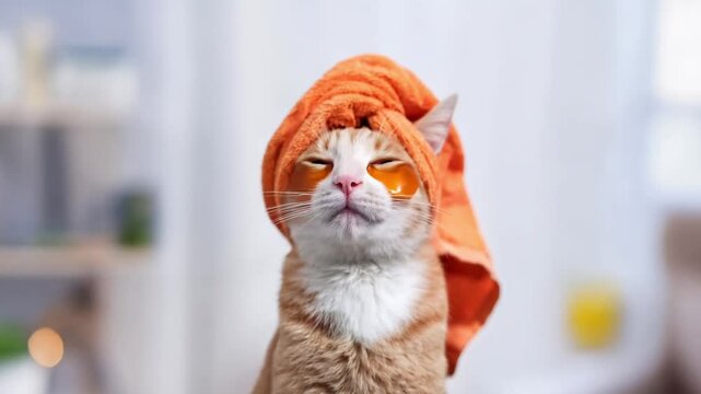 Creative concept movie clip film footage video reel pet domestic cat wearing towel on head and beauty treatment products cosmetic eye patches relaxing yawning during spa procedure.