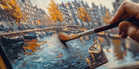 Artist painting canal view of amsterdam cityscape with brush