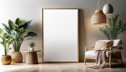 Single Vertical A Frame Mockup Reflective Glass Mirroring a PosterClad Living Room Wall in a Modern Space, Echoing Contemporary Vibes and Striking Geometric Patterns.