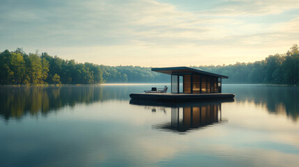 Naklejka premium Experience the calm of nature with this modern eco-friendly cabin boat drifting on peaceful waters. AI generative