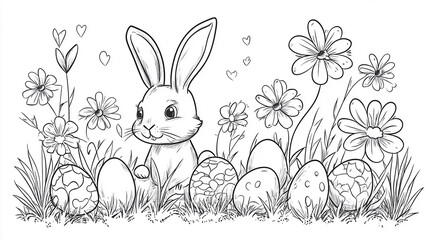 Obraz premium Line art illustration of an Easter bunny surrounded by decorated eggs and daisies. 