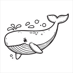 Black and white cartoon whale swimming, perfect for childrens books, educational materials, and oceanthemed designs. Brighten up your project with this cute illustration, coloring book