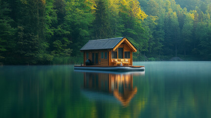Fototapeta premium A floating eco cabin boat on a serene lake surrounded by nature’s beauty offers a peaceful escape. AI generative