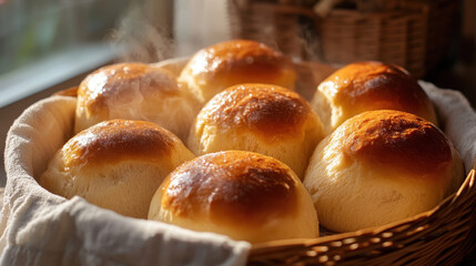 Hot and Fresh Dinner Rolls with Buttery Golden Brown Crust Steaming in a Cozy Basket