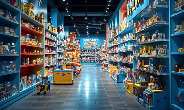 Colorful toy store aisle, shopping mall interior, wooden toys, retail display