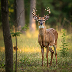 A majestic buck stands alert in a vibrant green field under a bright, partly cloudy sky