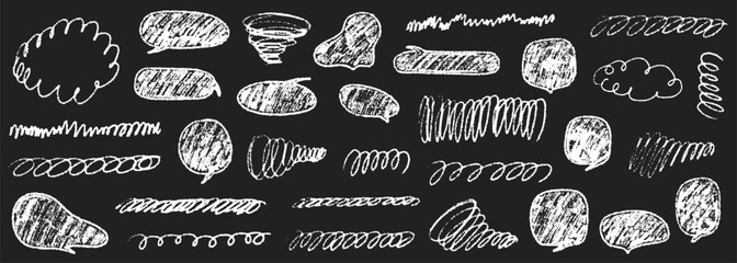 Scribble crayon curve underline. Crayon line swirl various stripe and speech bubble. Chalk scratch texture shape children kid naive. Vector illustration