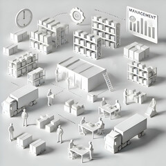 Fototapeta premium A minimalist illustration of a production management strategy being implemented in a warehouse. The white background highlights the simplicity of managing stock products and efficient distribution.