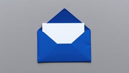 Blue Envelope, White Card, Flat Lay, Top View, Grey Background, Copy Space, High-Resolution Photo