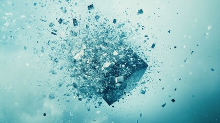 Obraz premium Exploding blue cube, fragments scattering.