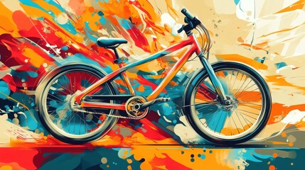 Fototapeta premium Vibrant Pop Art Bicycle in Dynamic Abstract Background with Bold Colors and Energetic Patterns