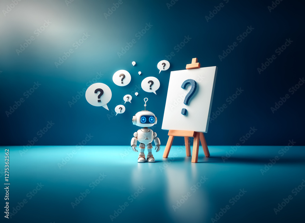 Wall mural a curious robot contemplates a question mark on an easel, surrounded by thought bubbles also showing