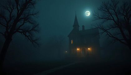Haunted mansion with eerie fog and glowing ghostly figures.