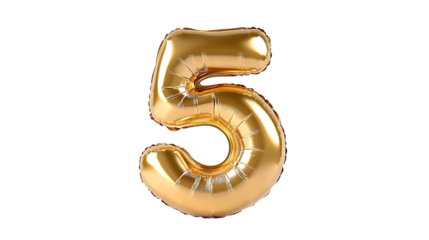 Gold Number Five Balloon, 3D Render, Party Decoration