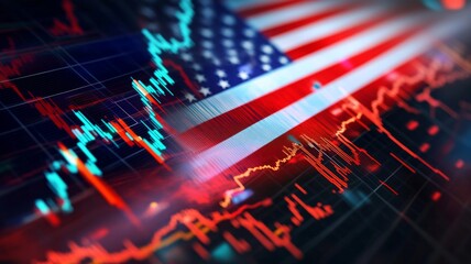 Financial market analysis conducted against the backdrop of the American flag with digital data trends and graphs on display in a vibrant colorscape
