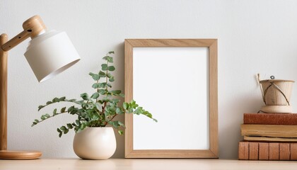 Obraz premium Japandi Style Interior Vertical Wooden Frame Mockup with Green Trailing Plant, Lamp, and Serene Japanese Ambiance Perfect for Digital Art, Home Decor, or Design Inspiration