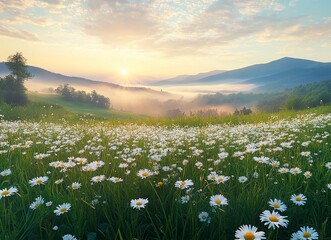 Beautiful spring meadow with daisies and mountains at sunrise. Landscape with green grass, foggy morning in the field of flowers. Panorama of a flowered landscape at dawn. Spring nature background.
