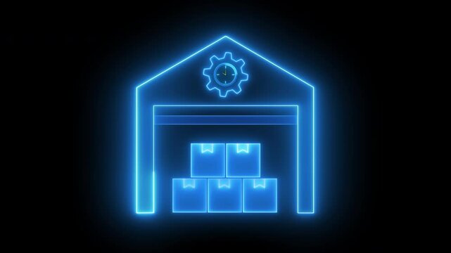 INDUSTRY 4.0 concept. Smart manufacturing smart technology in business. Glowing neon line of warehouse icon isolated on transparent background.