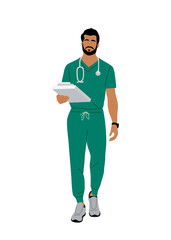 Walking doctor, nurse, paramedic with tablet, stethoscope. Male medic worker in green uniform scrub. Handsome bearded man medical specialist. Vector illustration isolated 