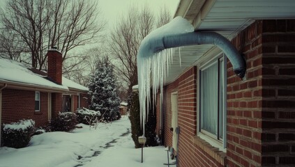 Icicles from house downspout in winter neighborhood