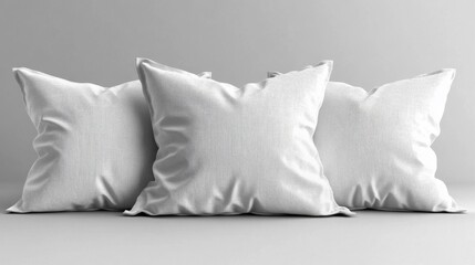 Set of three white pillows isolated on a white background with soft fabric texture. Generative AI