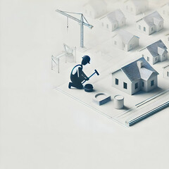 A minimalist illustration of a builder with a hard hat working on a residential construction project. The white background focuses on the role of builders in creating homes and buildings.