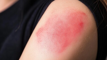Fototapeta premium A red burn mark on a woman's arm. Closeup of a red blotchy area on a forearm. A red welt on a woman's shoulder. Skin burn, rash, allergy