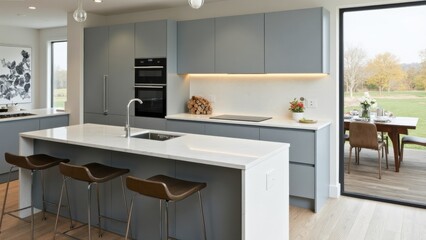 Fototapeta premium Bright Gray Kitchen Corner With a Stylish Bar Area, Complemented by Large Windows Offering Views of a Beautiful Outdoor Landscape