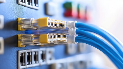 Fiber optic networks enhance speed with laser technology. Network cables connected to a server panel for data transmission.