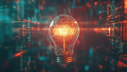 Illuminated lightbulb, innovation, digital codes, futuristic background