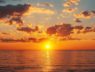 Fototapeta premium Beautiful sunset over the sea with an orange sky and golden clouds. Stunning seascape, ocean view with the sun setting in summer. Sunset background for design, print, or postcard.