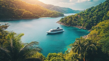 Obraz premium Cruise Ship Docked in Tropical Bay Paradise