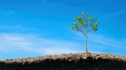 Solitary Tree on Hilltop Under Clear Blue Sky with Green Leaves