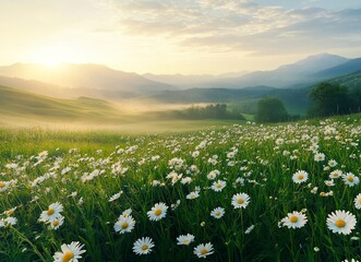 Beautiful meadow with white daisies in spring, sunrise over the mountains, foggy morning. Landscape of a green field full of blooming flowers at dawn. Stock photo, suitable for text placement.
