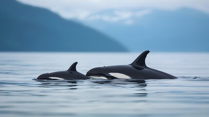 Fototapeta premium Majestic Orcas Swimming Gracefully in Calm Ocean Waters