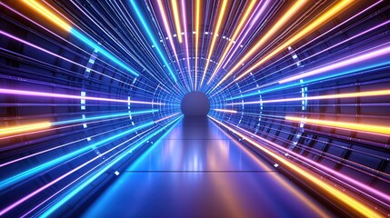 Obraz premium Fiber optic networks enhance speed with laser technology. Vibrant light tunnel with colorful beams and a circular exit.