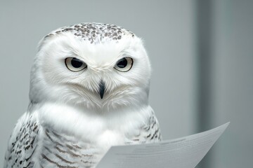 Intense owl gazes at paper, showcasing unique feather patterns a