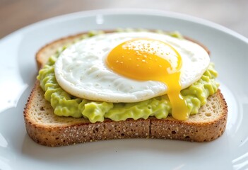 A perfectly cooked sunny-side-up egg rests on a bed of creamy avocado spread atop a slice of toast.