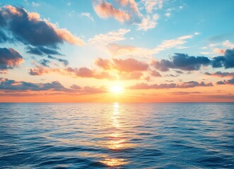 Obraz premium Beautiful sunrise over the sea, blue sky with clouds and sun on the horizon, peaceful nature background. Calm seascape view with copy space for text. Stock photo, empty copy area. 