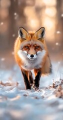 Fototapeta premium Red fox walking in snowy forest; winter wildlife.