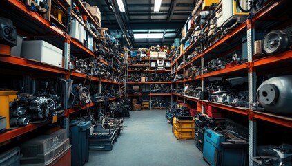 Fototapeta premium Industrial Parts Storage Warehouse Interior