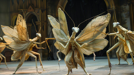 A theatrical stage with actors dressed as oversized, felt-textured praying mantises performing an exaggerated ballet routine, creating a surreal and whimsical performance full of movement